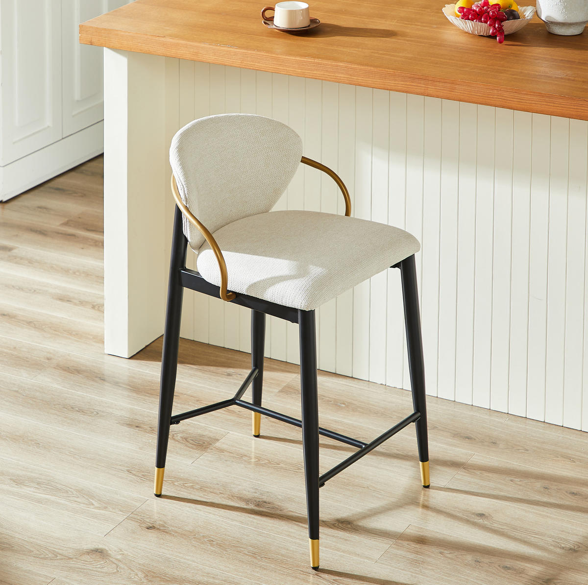 BARHOCKER 2er-Set mit Rückenlehne Chenille Beige Schwarz-Gold - Beige, Metall (52/87/57cm) - Meubliv