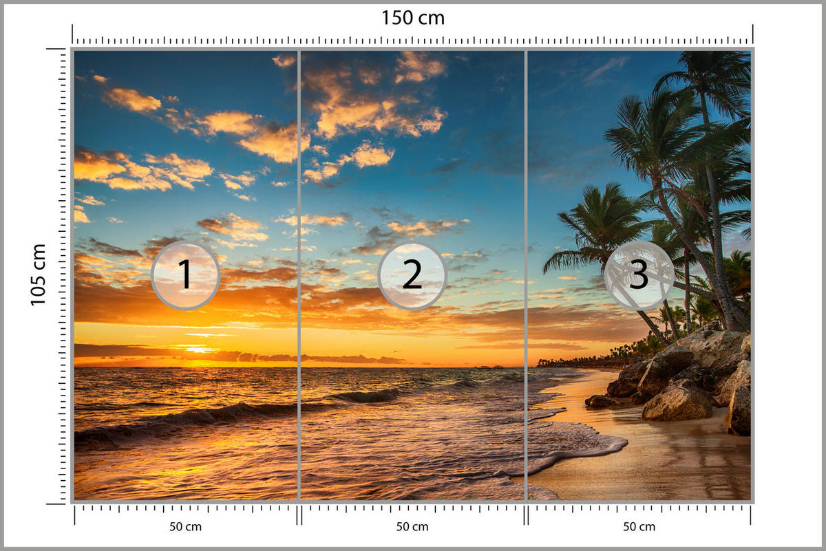 FOTOTAPETE Strand Meer Sonnenuntergang Natur 3D 150x105 - Gelb/Orange, Papier (150/105cm) - Muralo