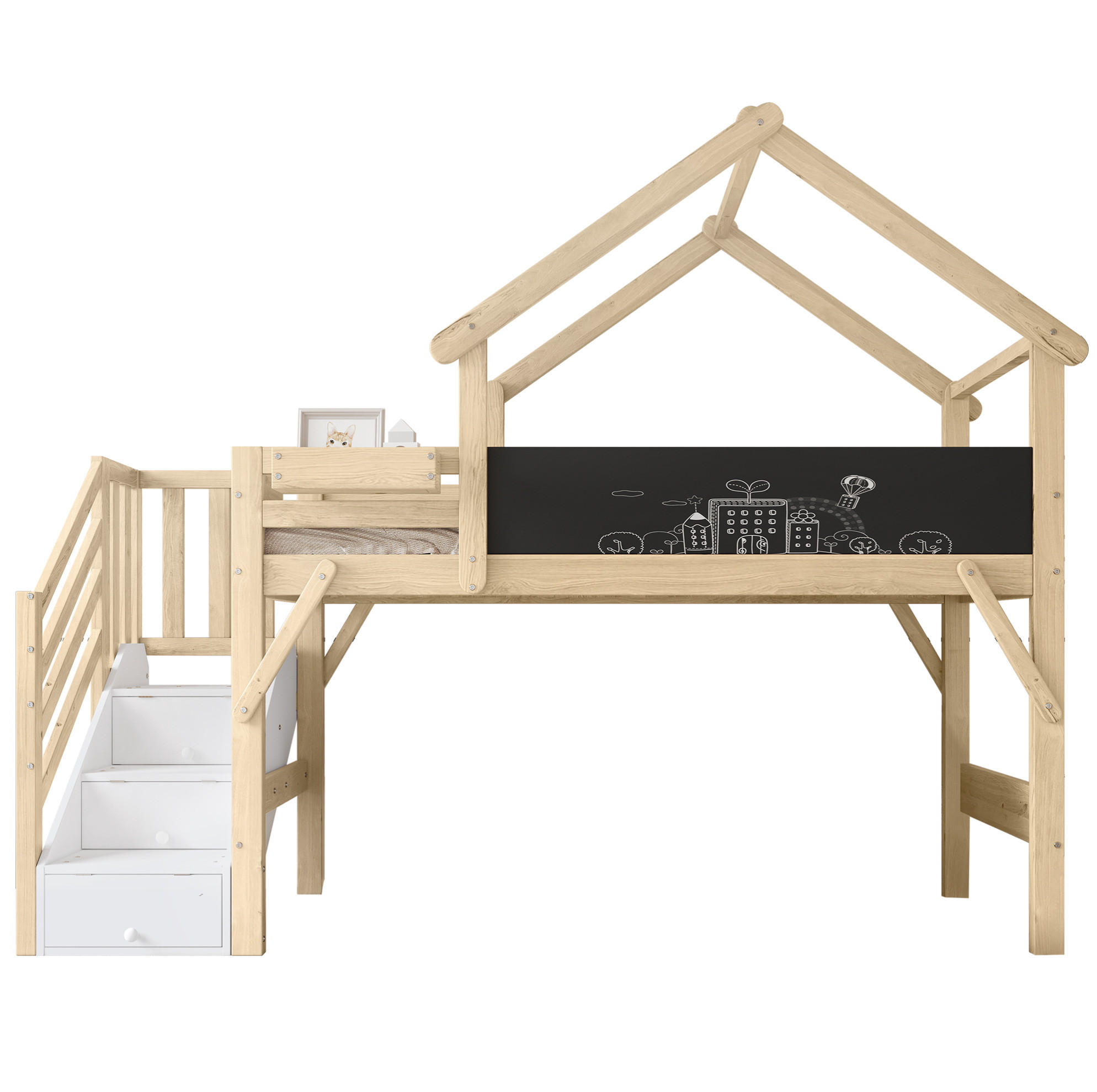 OKWISH PATROVÁ postel 90/200 cm bílá s graffiti tabulí a úložnými schody z borovice a MDF
