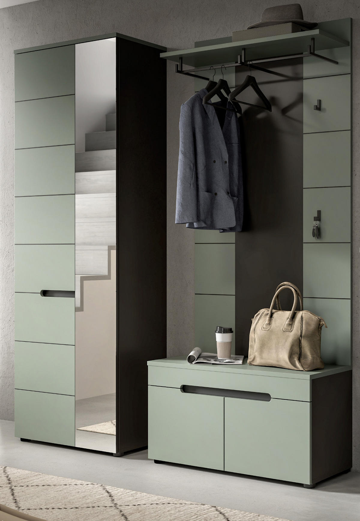 GARDEROBE-SET Salbei und Grau, 3-teilig, 160 x 190 cm, Soft-Close, Cooper - Salbeigrün/Schwarz, Holzwerkstoff/Kunststoff (160/190/37cm) - Inn.Furn