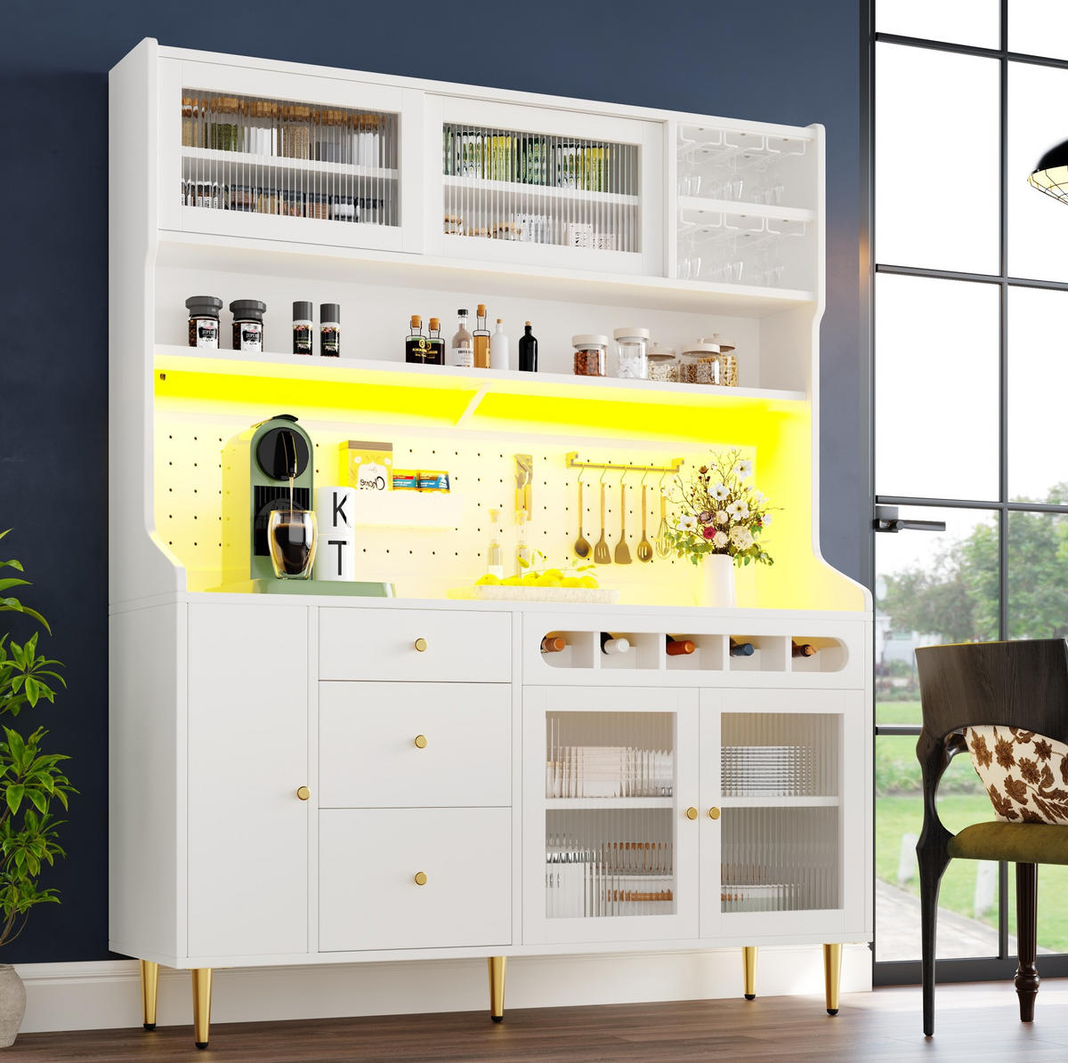 BUFFET 145/39/171 cm aus MDF und Glas mit LED-Beleuchtung und verstellbaren Einlegeböden Weiß - Weiß, Holzwerkstoff (145/171/39cm) - Modenvie