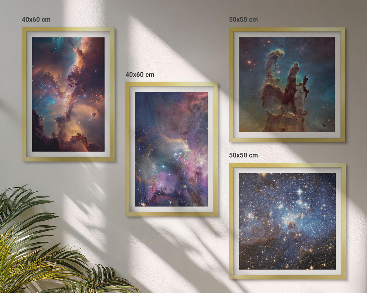 WANDBILDER 4er Set - 50x50 cm & 40x60 cm Goldrahmen - Kosmische Sternenlandschaften - Goldfarben, Kunststoff (50/50cm) - ArtPrintCave