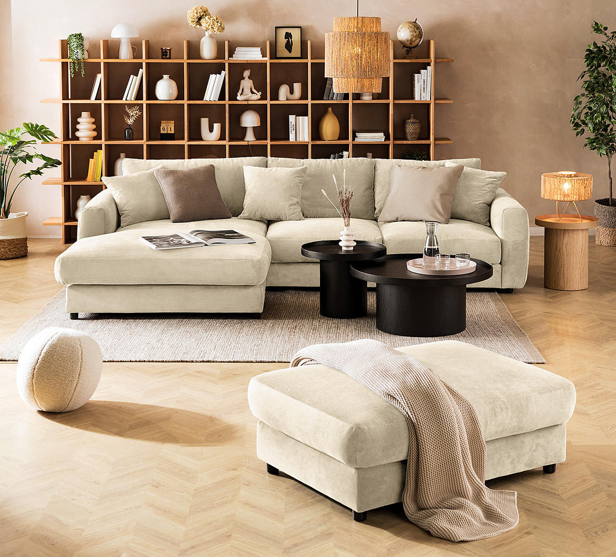 ECKSOFA mit Longchair - Beige/Schwarz, Holz/Kunststoff (286/183cm) - home24