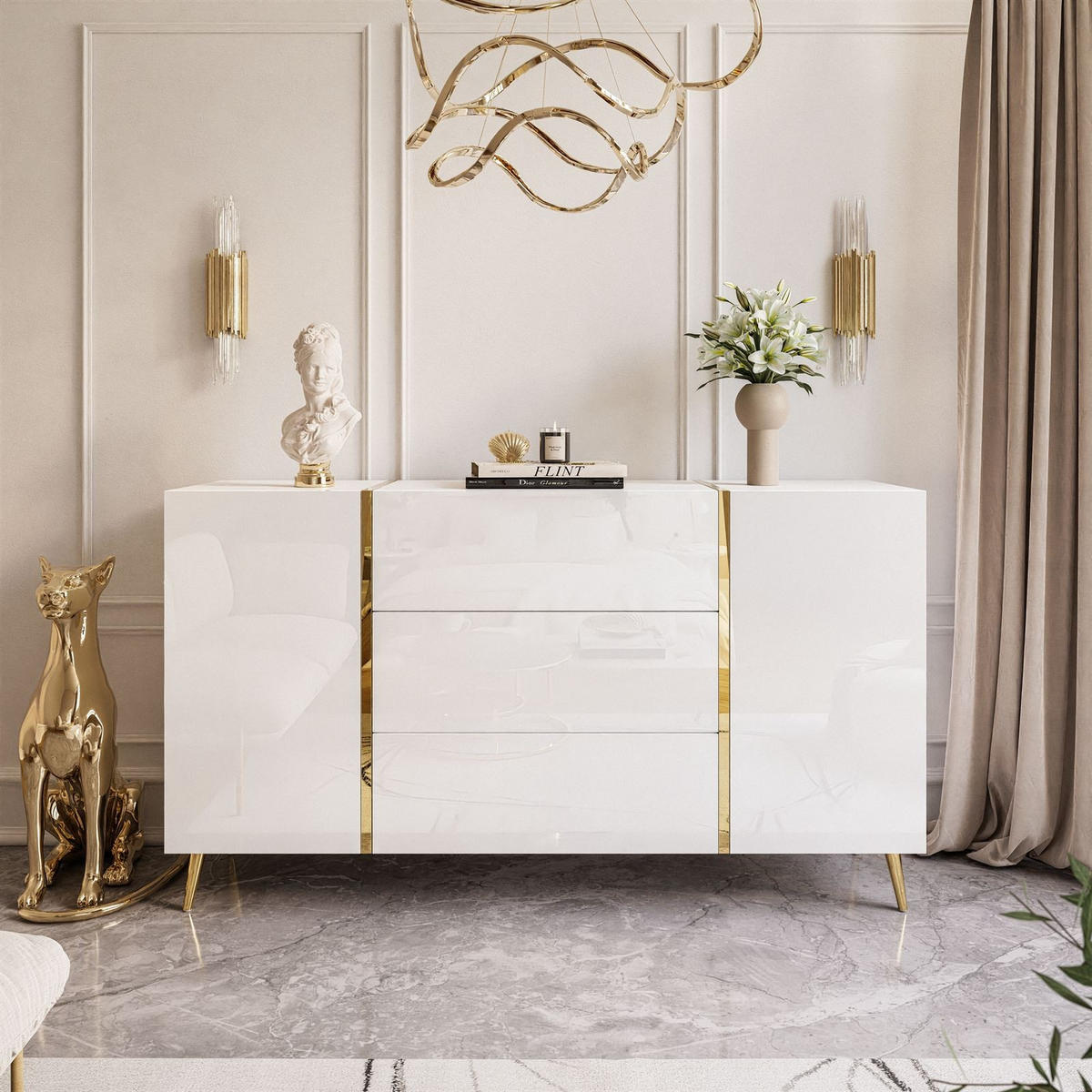 SIDEBOARD MIT SCHUBLADEN ONYX AUF GOLDENEN BEINEN HOCHGLANZ 158 CM PUSH OPEN - Weiß, Holzwerkstoff (158/88/41.3cm) - Lookway