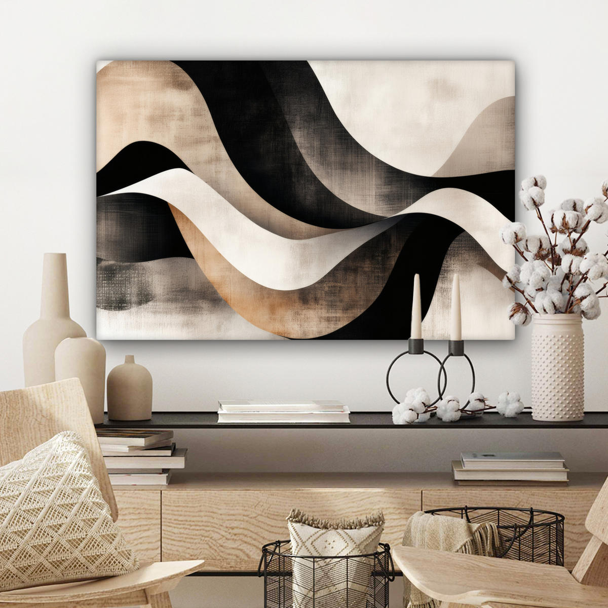 LEINWANDBILD Abstrakt - Wellen - Schwarz - Verwittert Wanddeko 90x60 cm - Trüffeleichefarben, Textil (90/60cm) - MuchoWow