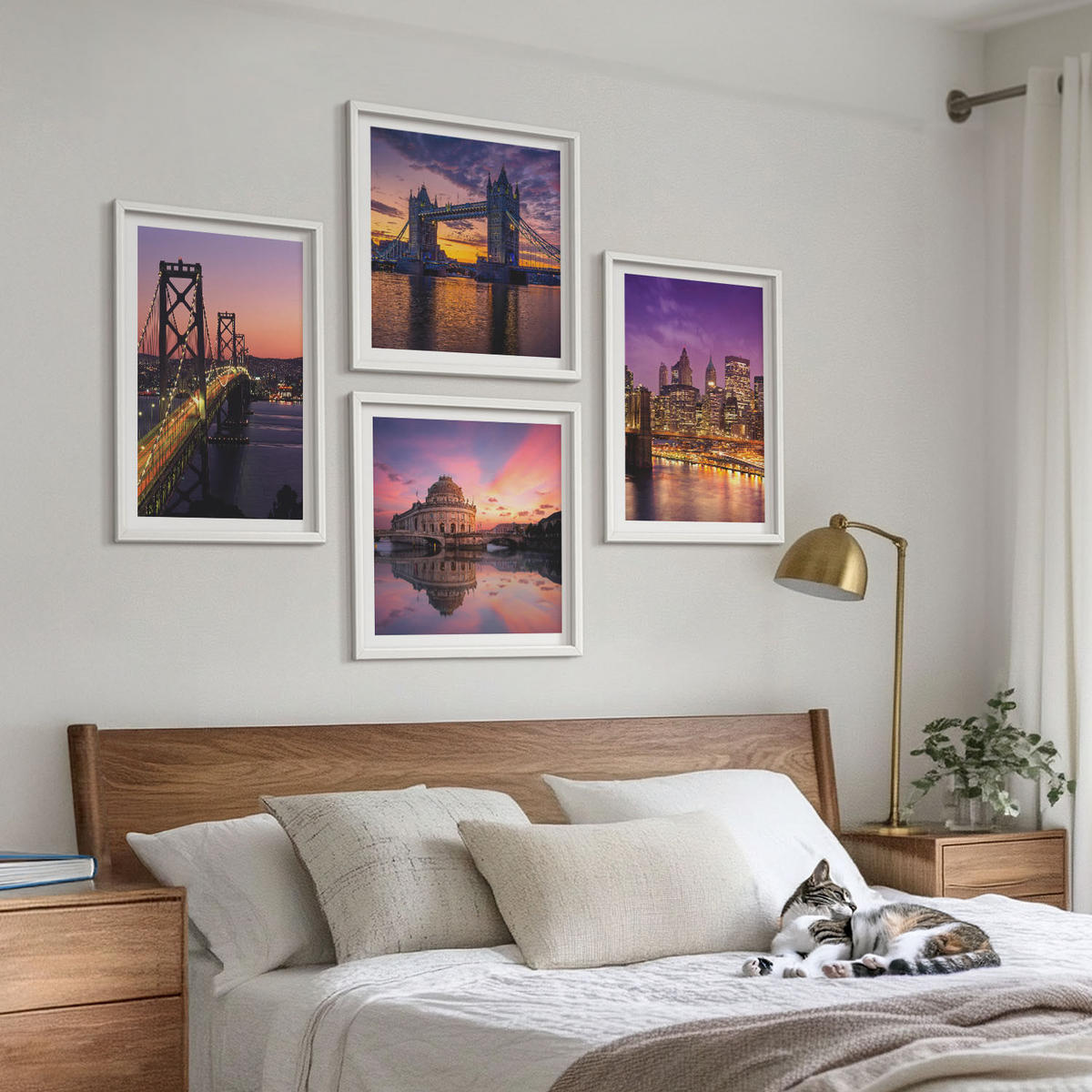WANDBILDER 4er-Set - 50x50 cm & 40x60 cm Weißer Rahmen - Brücken, Sonne, Stadtblick - Weiß, Kunststoff (50/50cm) - ArtPrintCave