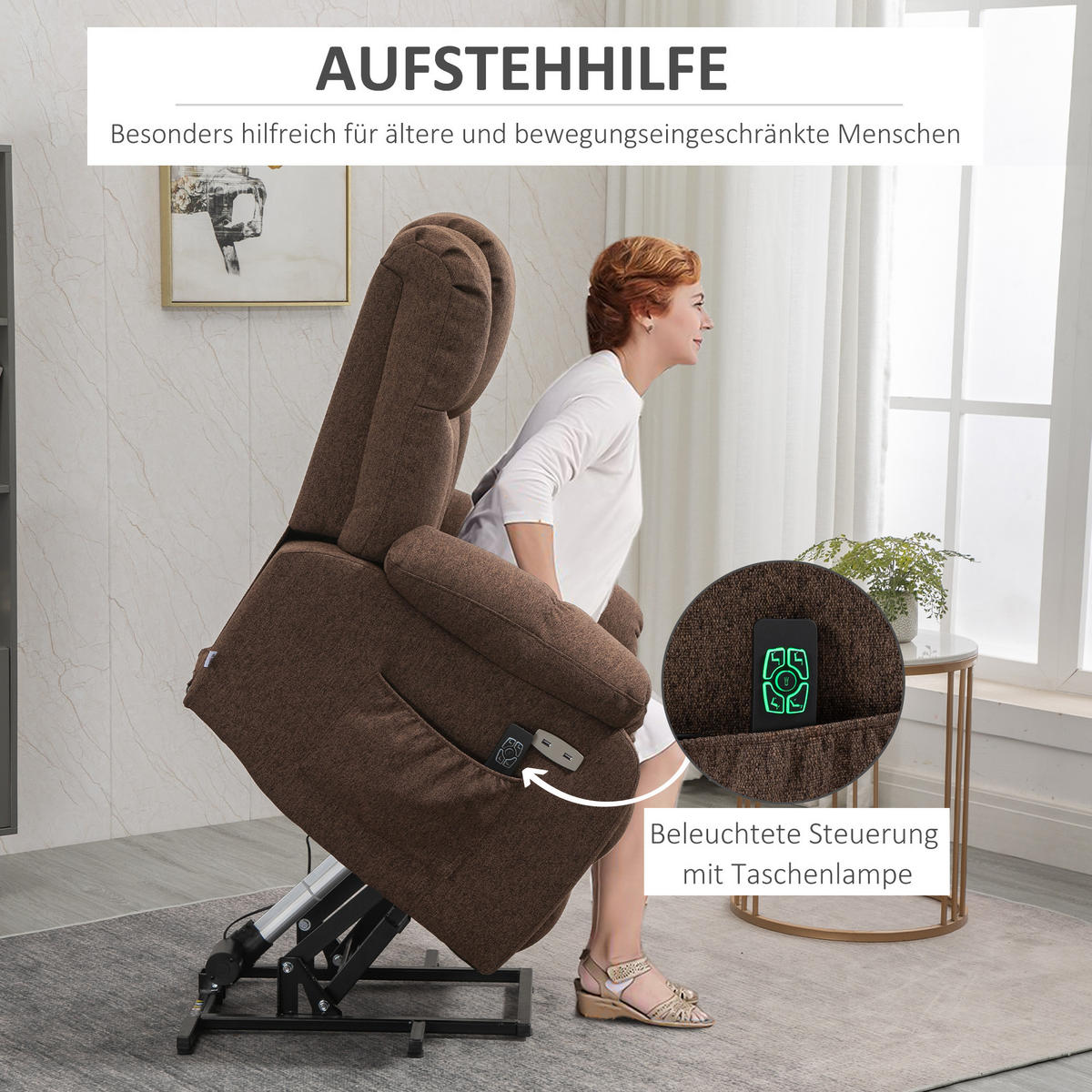 SESSEL mit Aufstehhilfe, Polyester - Braun, Kunststoff (95/107/92cm) - HOMCOM