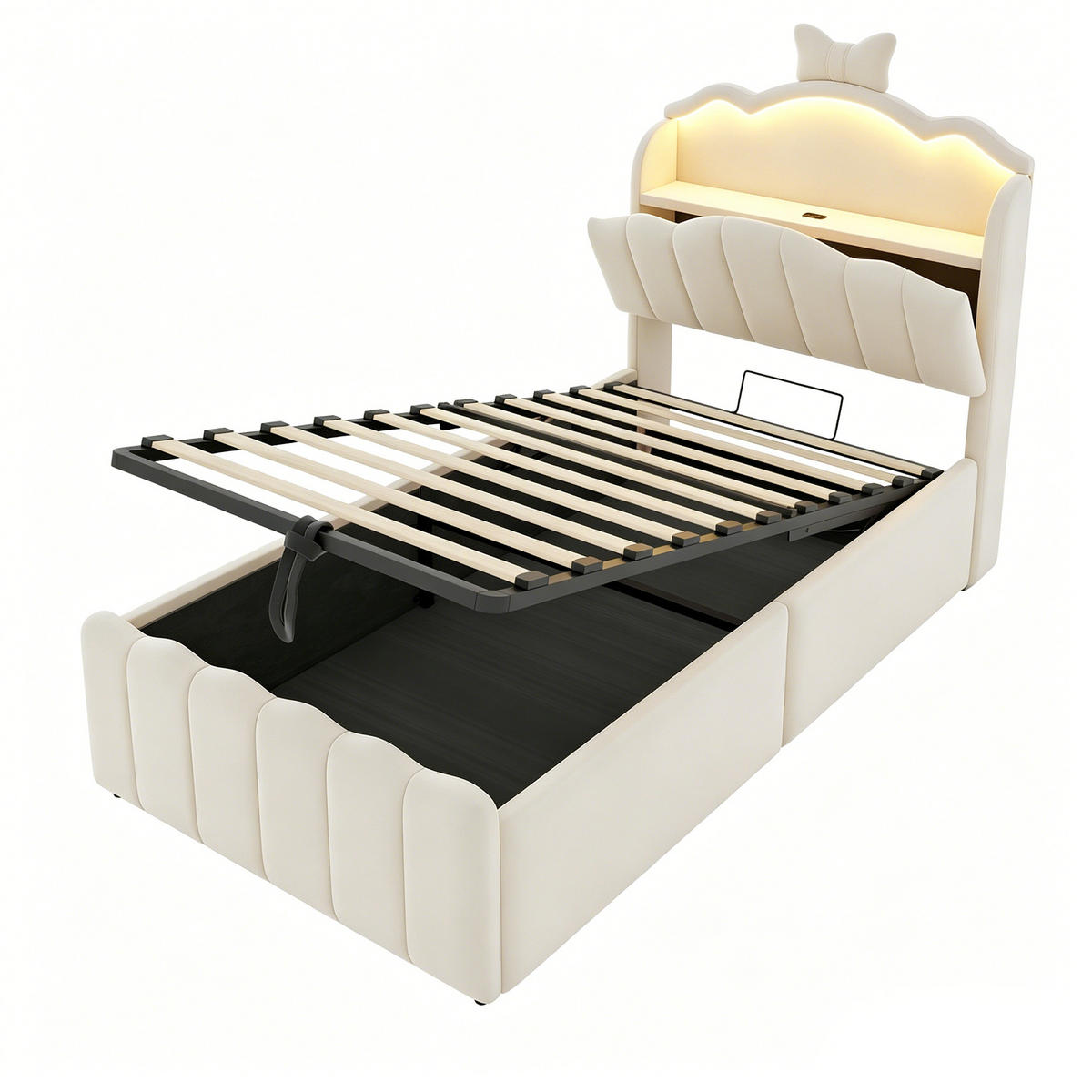 MULTIFUNKTIONSBETT 90/200 cm in Beige mit Bettkasten, LED, USB und USB-C, Samt und Metall - Beige, Holzwerkstoff/Textil - STILVORA