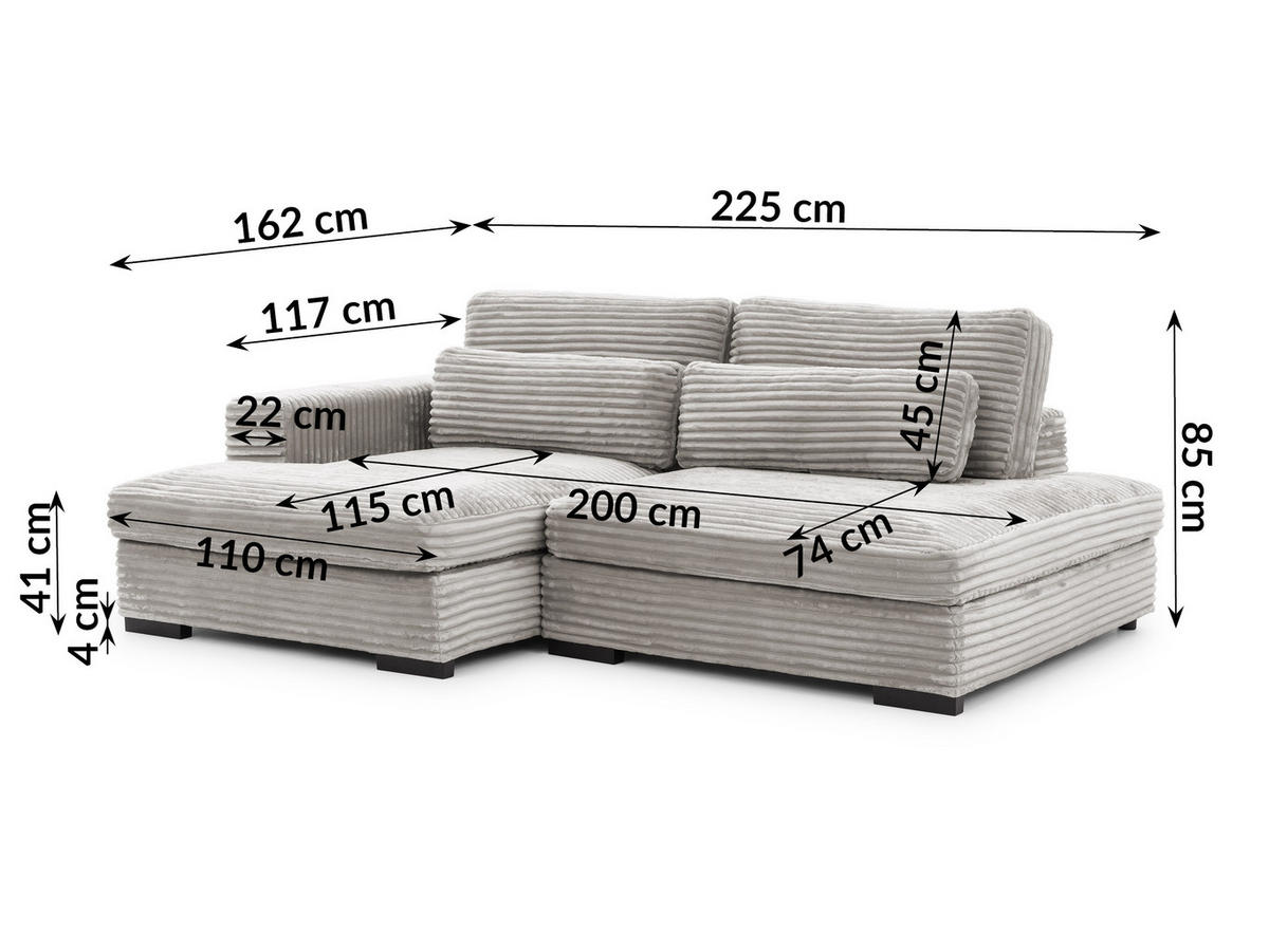 ECKSOFA Wolke mit tiefer Sitzfläche, Schlaffunktion und praktischem Bettkasten aus weichem Taupe Cordstoff - Taupe/Schwarz, Holz/Kunststoff (162/225cm) - S-Style