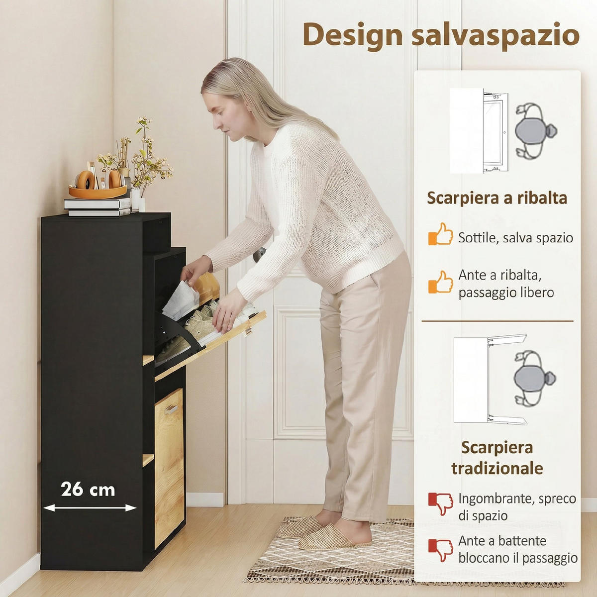SCHUHSCHRANK,2 Klappschubladen Regalböden,schwarz-naturholz - Schwarz, Holzwerkstoff (80/90/26cm) - Vallsero