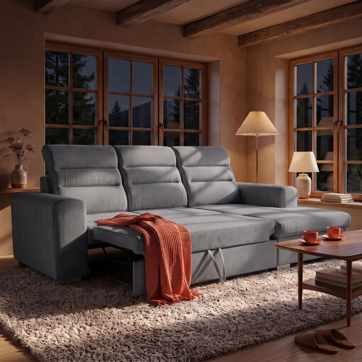ECKSOFA CLOUD S Rechts mit Schlaffunktion 120x200 Velours Grau - Chromfarben/Grau, Holz/Kunststoff (260/155cm) - Muffo