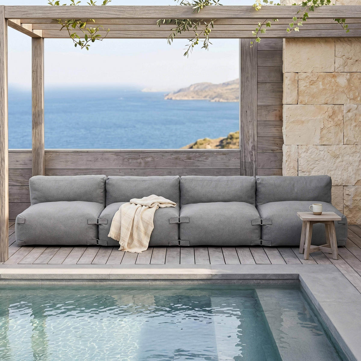 GARTENSOFA mit 4 Sitzplätzen, Grau - Grau, Textil - Oviala
