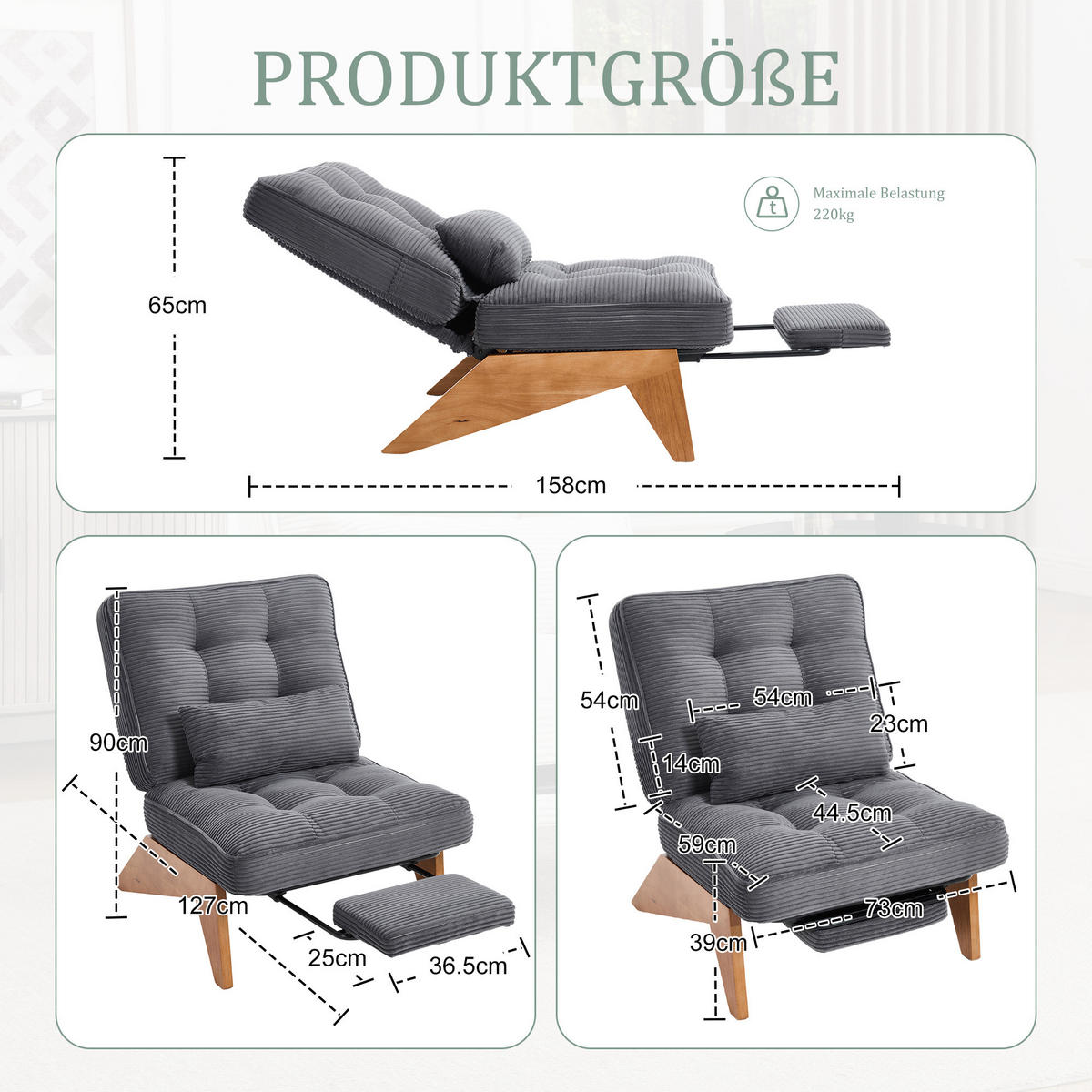 SESSEL Cord Dunkelgrau mit verstellbarer Rückenlehne und mit Lendenkissen - Dunkelgrau, Holzwerkstoff/Textil (73/90/127cm) - WISHDOR