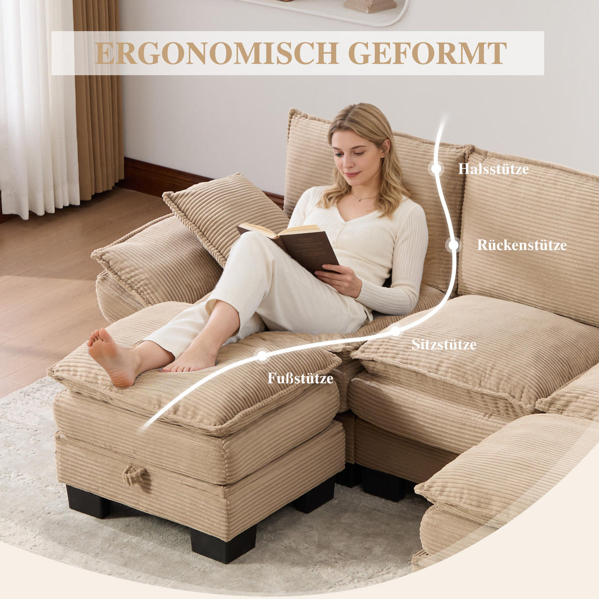 WOHNLANDSCHAFT Cord Khaki mit USB-C, Seitentaschen und 2 Hockern - Hellbraun, Holzwerkstoff/Kunststoff (260/84/132cm) - WISHDOR