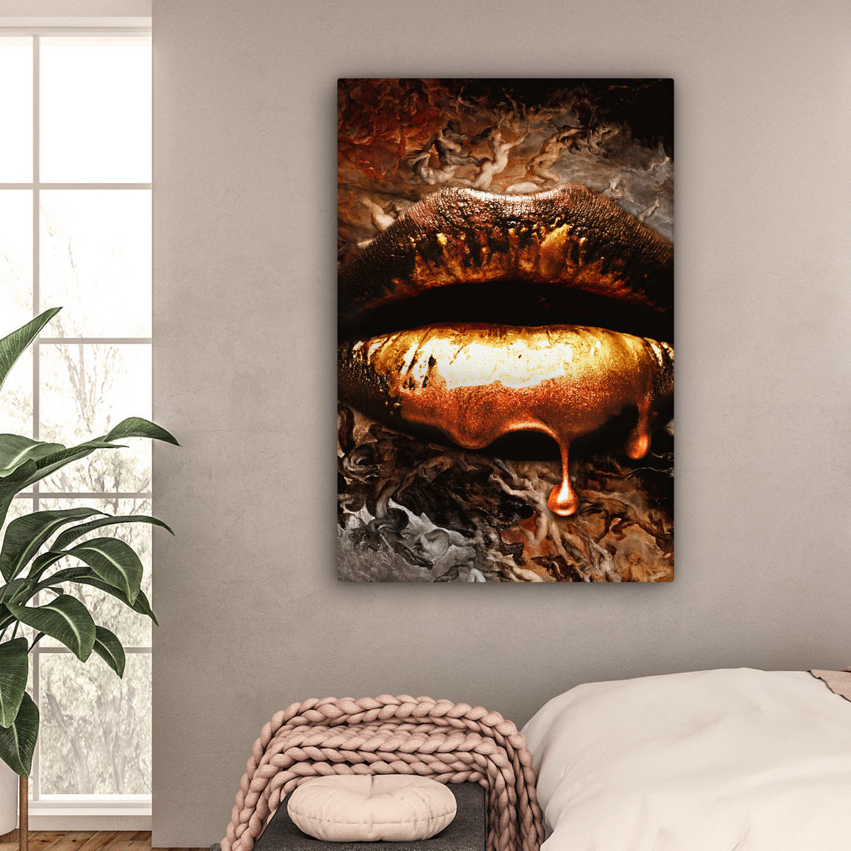 LEINWANDBILD Gold - Lippen - Kunst - Gold - Luxus - Abstrakt 90x140 cm - Kupferfarben, Textil (90/140cm) - MuchoWow