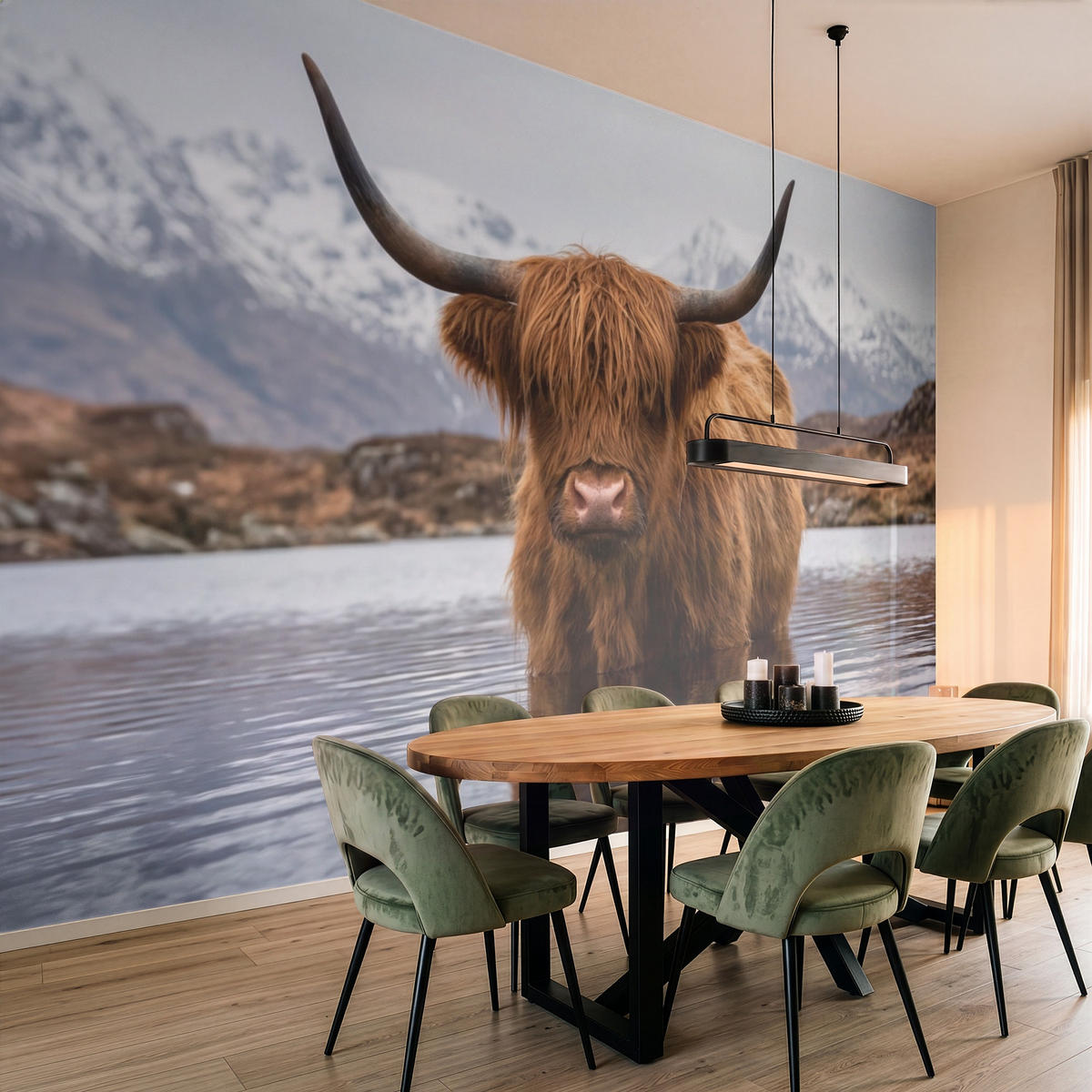 TAPETE - Schottischer Hochländer - Braun - Wasser - 500x300 cm - Braun, Papier (500/300cm) - OnlyWow