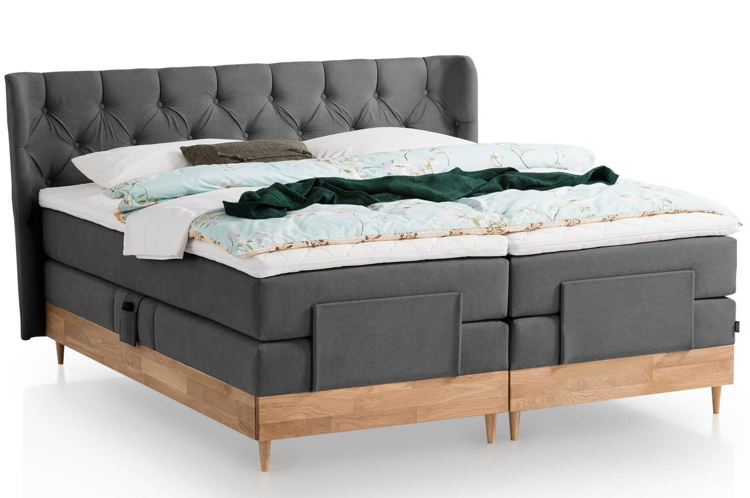 BOXSPRINGBETT ELEKTRISCH VERSTELLBAR EON 180x200 Anthrazit H2 und H3 Bett mit Motor 7-Zonen TFK Matratze inkl. Visco Topper Motorbett mit Eiche - Anthrazit, Textil (180/200cm) - Belanoti