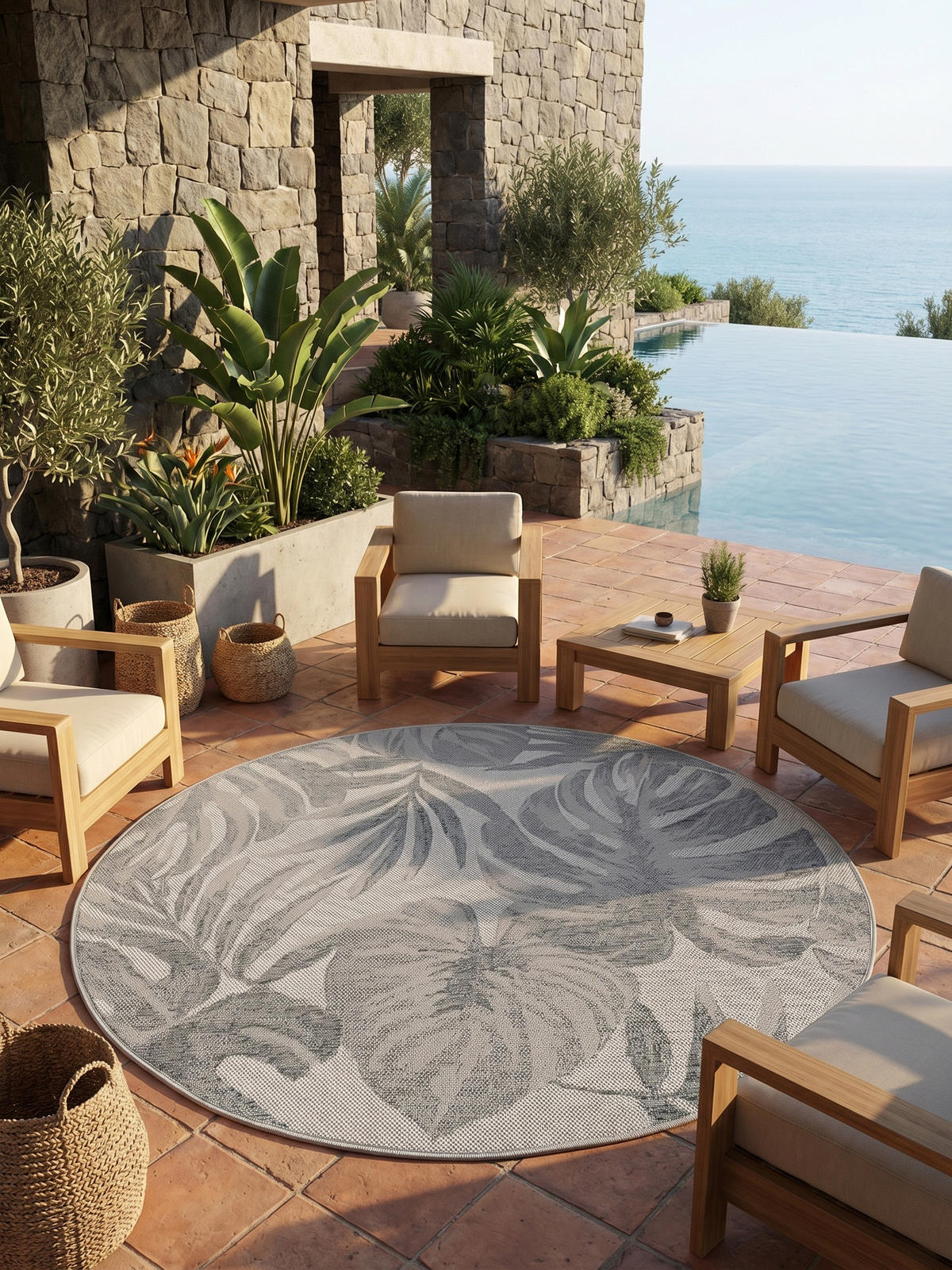 TEPPICH Outdoor VENTOUX in Grau, mit Tropen-Motiv, Ø 80 cm - Grau, Textil (80/80cm) - KADIMA DESIGN