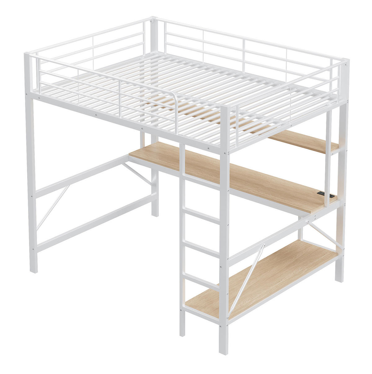 HOCHBETT 140/200 cm mit Schreibtisch, Regal, USB, Steckdose und LED-Beleuchtung aus Metall/MDF, Weiß - Weiß, Metall (140/200cm) - Redom