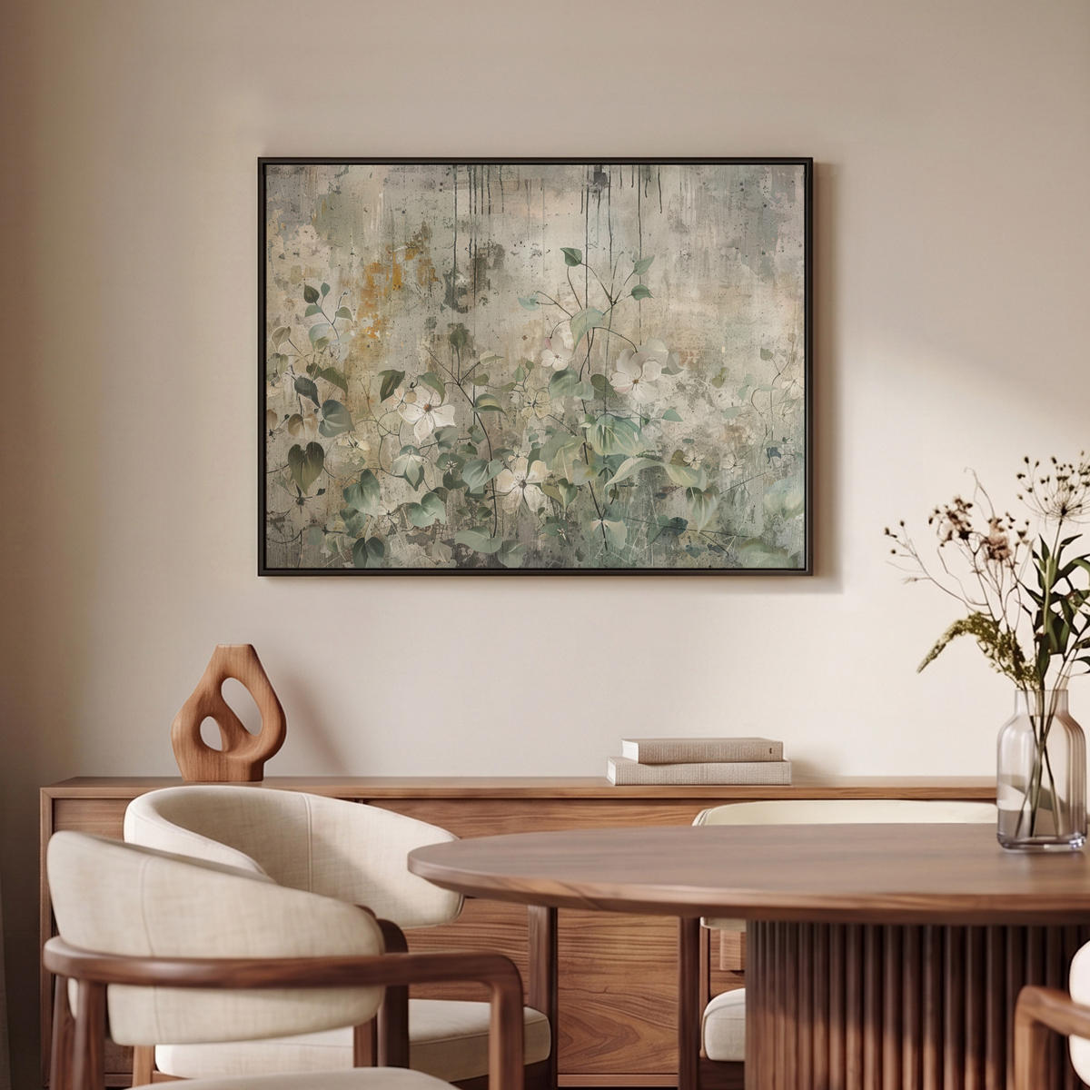 LEINWAND Bilder mit Rahmen - Blumen - Blätter - Abstrakt - Modern - 80x60 - Grau, Textil (80/60cm) - MuchoWow