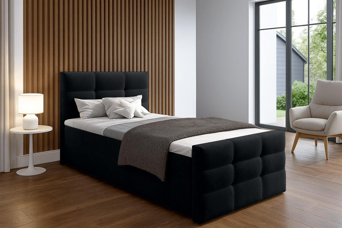 BOXBETT ARGENTARO 120x200 cm mit Bettkasten und Matratze - Schwarz - Schwarz, Holz/Holzwerkstoff (120/200cm) - AX Living