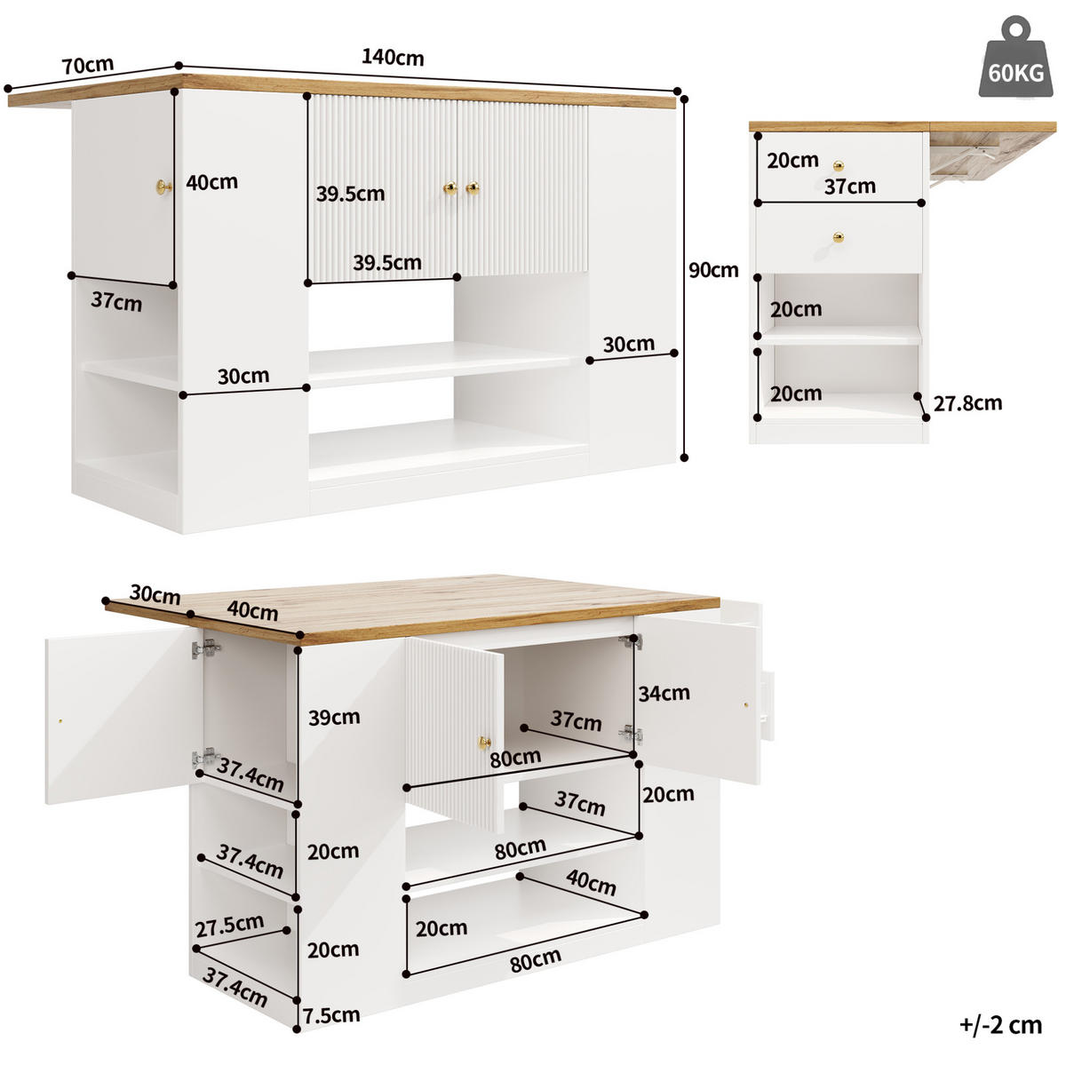 KÜCHENINSEL aus MDF mit klappbarer Tischplatte & Stauraum, 140/40/90 cm, Weiß - Weiß, Holzwerkstoff (40/90/140cm) - Redom