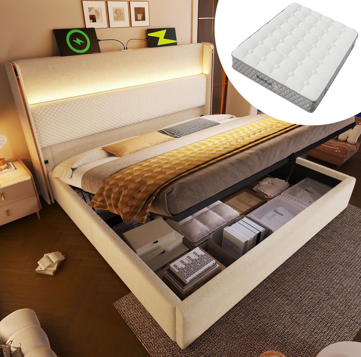 BETT hydraulisch 180x200 cm Leinen Beige mit Matratze - Beige, Metall (180/200cm) - Meubliv