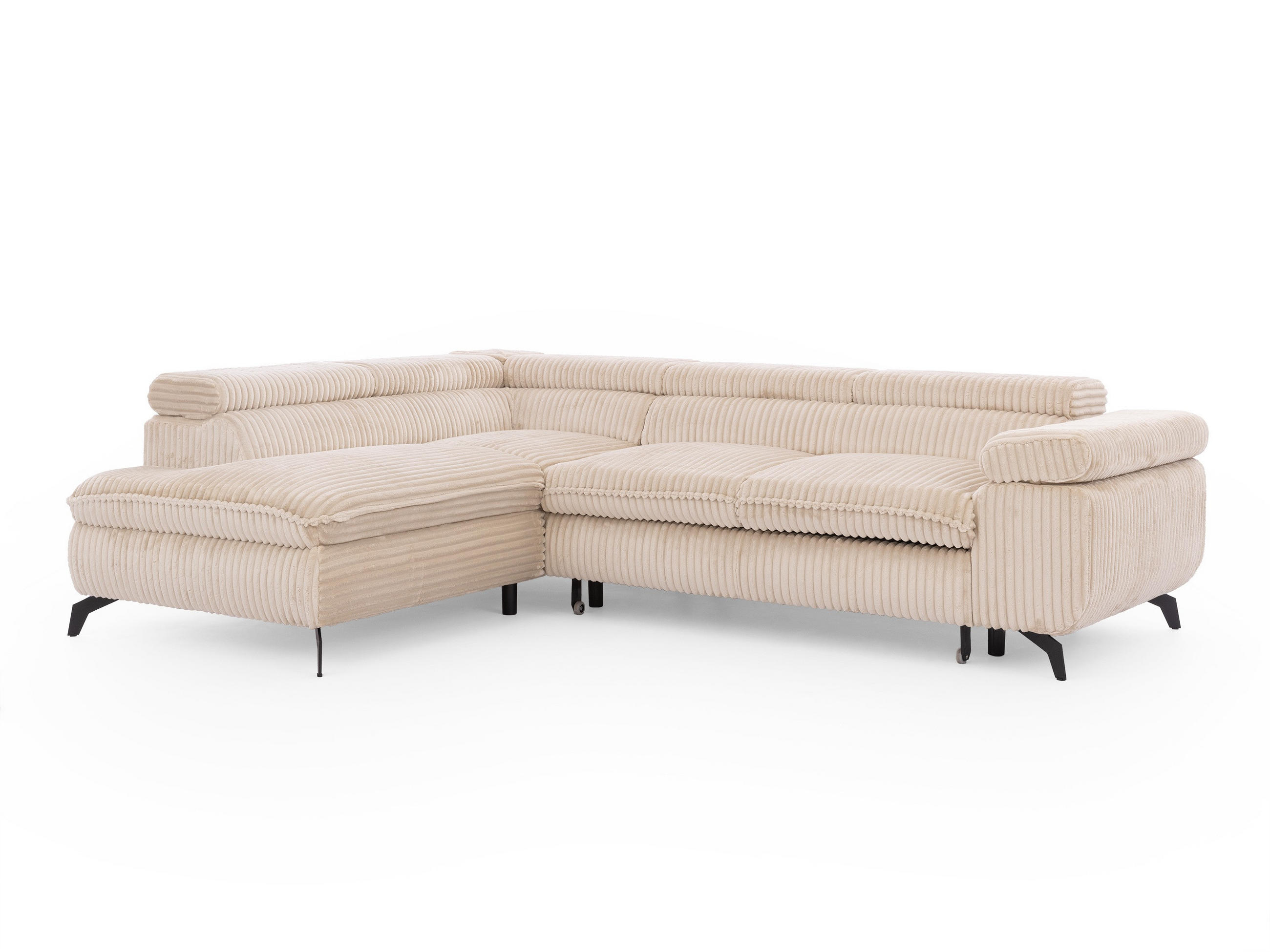ECKSOFA mit Schlaffunktion und Bettkasten Bonnie aus Hellbeige Cord-Stoff mit verstellbaren Kopfstützen und Armlehne - Ottomane links - Beige/Schwarz, Holz/Textil (275/210cm) - S-Style Möbel