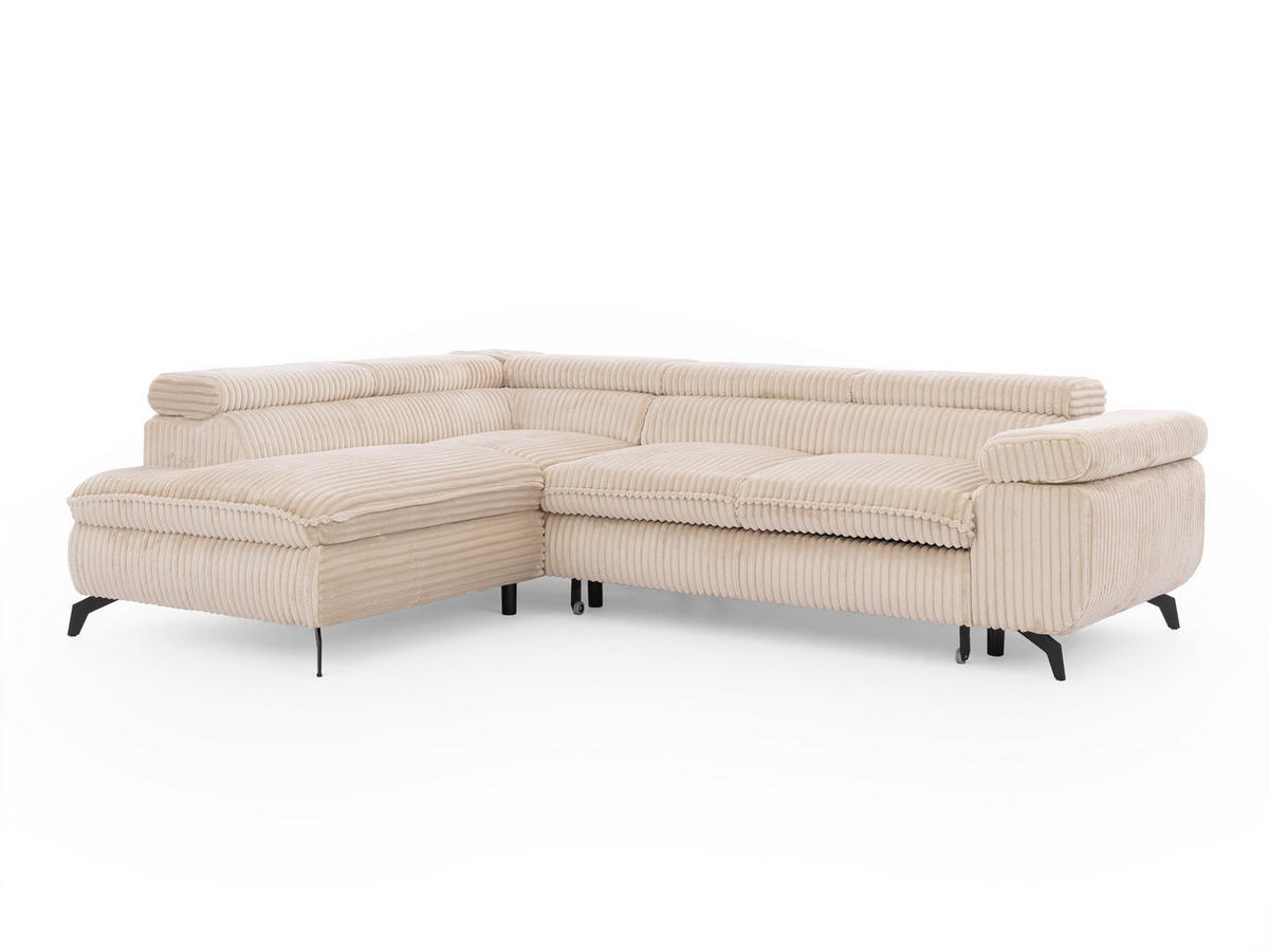 ECKSOFA mit Schlaffunktion und Bettkasten Bonnie aus Hellbeige Cord-Stoff mit verstellbaren Kopfstützen und Armlehne - Ottomane links - Beige/Schwarz, Holz/Textil (275/210cm) - S-Style Möbel
