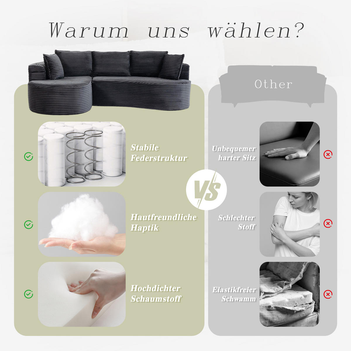 ECKSOFA Cord Dunkelgrau mit Getränkehaltern, Seitentaschen und Kissen - Dunkelgrau, Textil (250/152cm) - WISHDOR