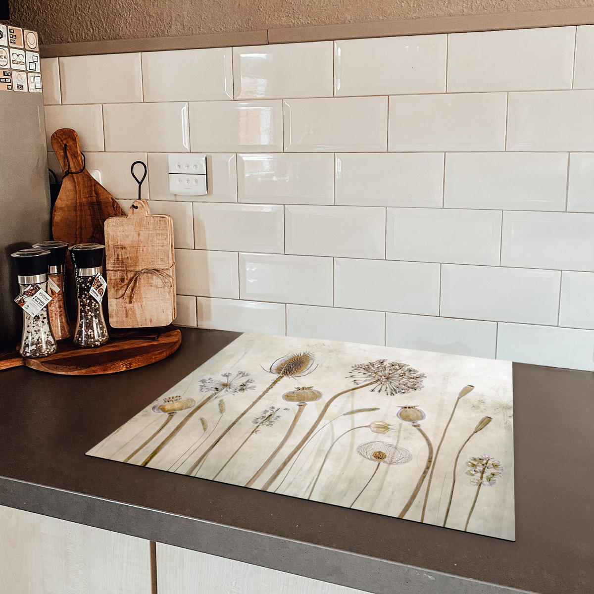 HERDABDECKPLATTE Blumen - Aquarell - Stilleben - Braun - Vintage 59x52 cm - Sandfarben, Kunststoff (59/52/0.2cm) - MuchoWow