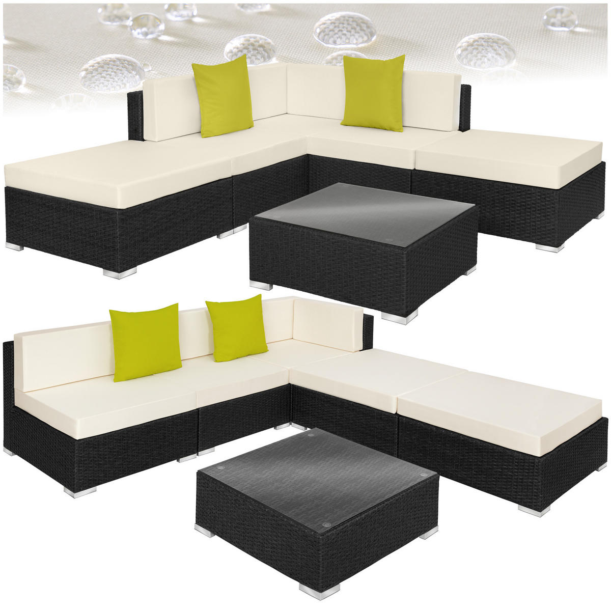 RATTANLOUNGE Paris,mit Sicherheitsglasplatte,schwarz - Schwarz, Kunststoff - tectake