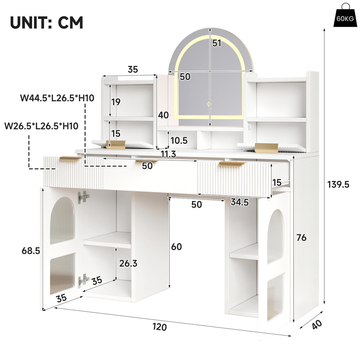 SCHMINKTISCH Weiß LED Spiegel 3 Schubladen 120x40x139.5cm - Weiß, Holzwerkstoff (40/139.5/120cm) - FLIEKS