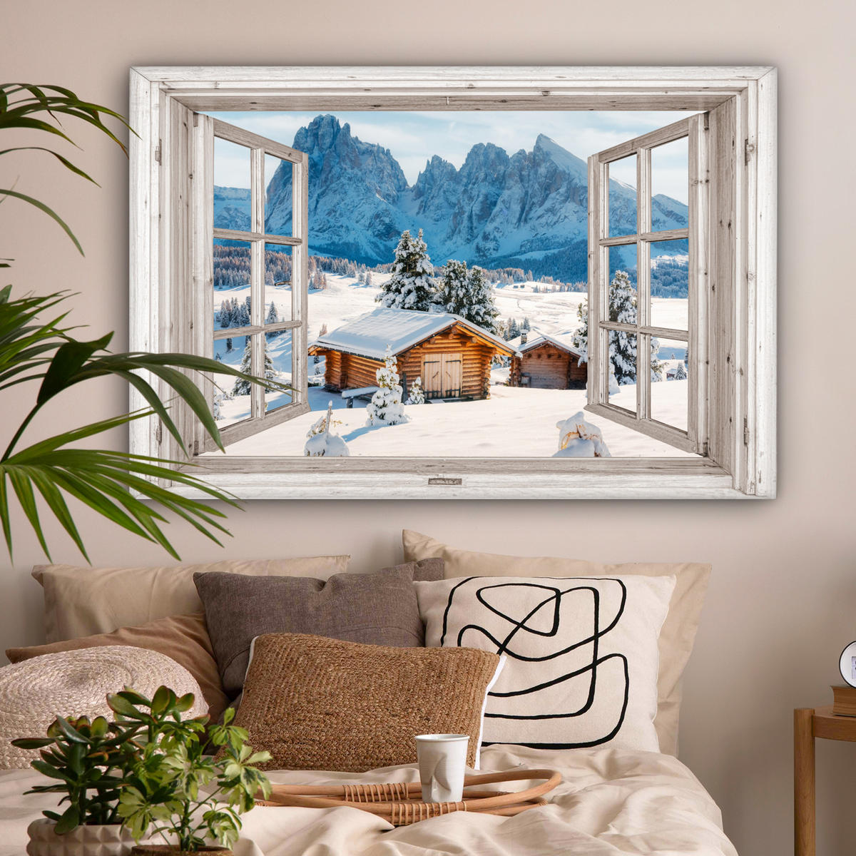 LEINWANDBILD Winterlandschaft - Hütte - Berge - Ausblicke - Aussicht - Natur Wohnzimmer Groß 120x80 cm - Weiß Hochglanz, Textil (120/80cm) - MuchoWow
