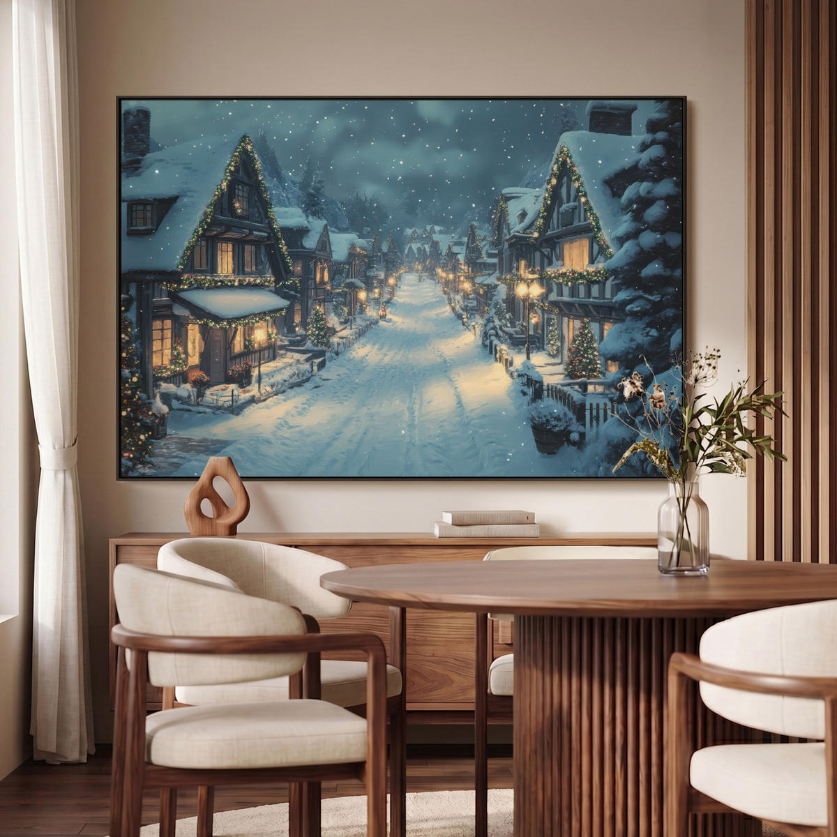 LEINWAND Bilder mit Rahmen - Weihnachtsdorf - Weihnachten - Schnee - Winter - 120x80 - Dunkelblau, Textil (120/80cm) - MuchoWow
