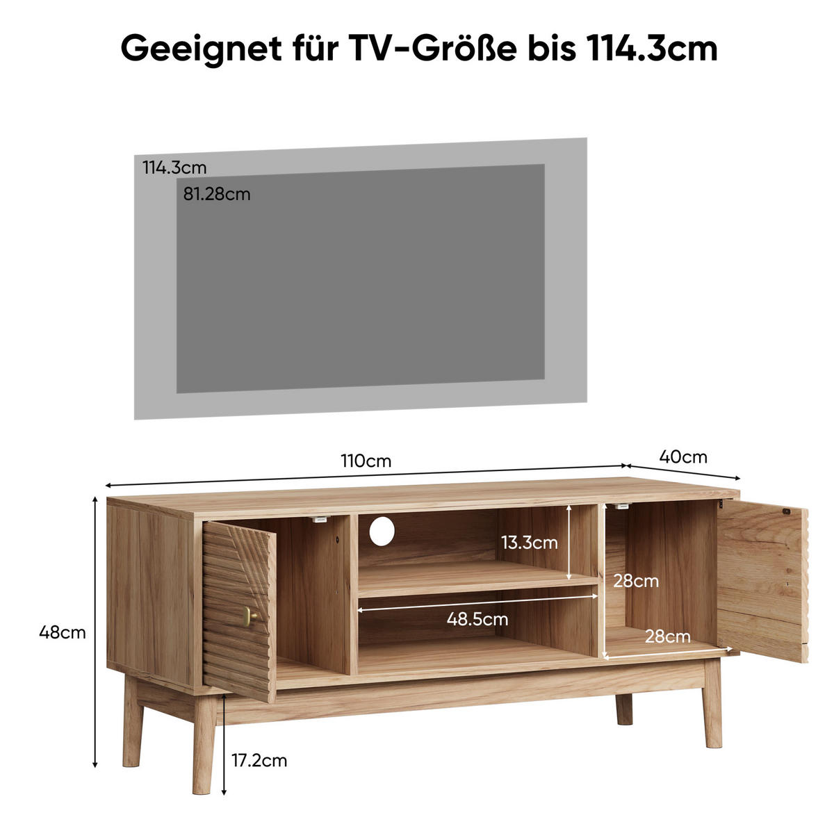 LOWBOARD 110/40/48 cm in Eichefarben mit Gittertüren und Kabelmanagement - Braun, Holzwerkstoff (110/48/40cm) - Flora Grace