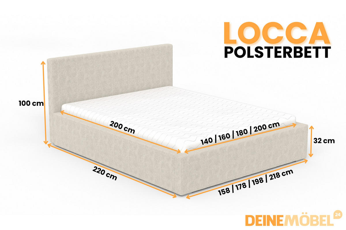 POLSTERBETT LOCCA 140/200 in Cord Ecru - Ecru, Holz/Holzwerkstoff (140/200cm) - Deine Möbel 24