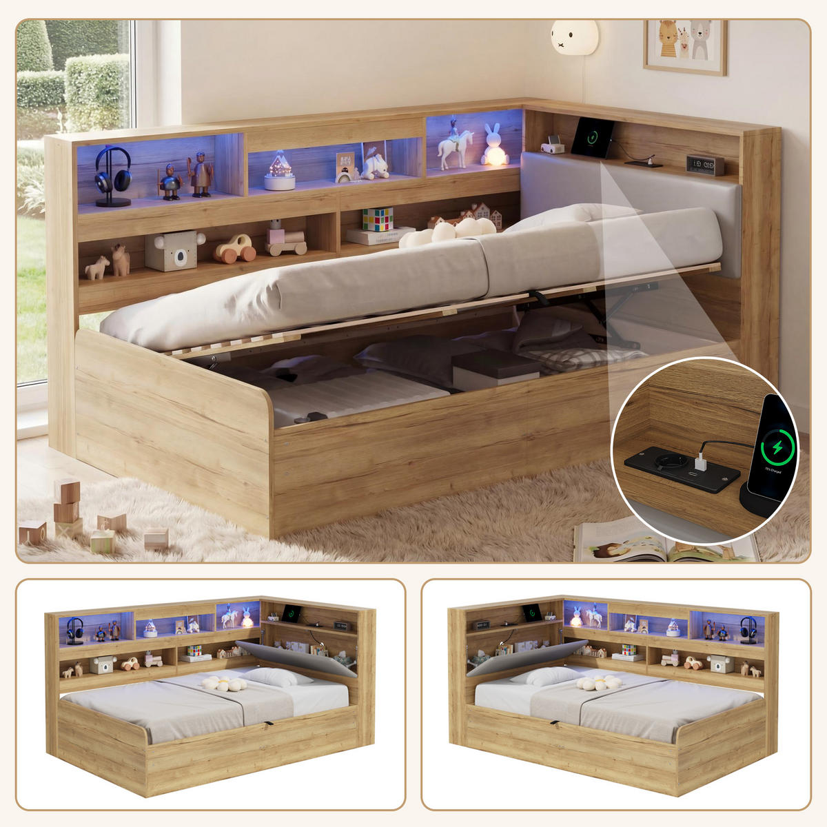DAYBETT Natur 90x200 LED USB Hydraulik Stauraum Holz - Naturfarben, Holzwerkstoff (90/200cm) - FLIEKS