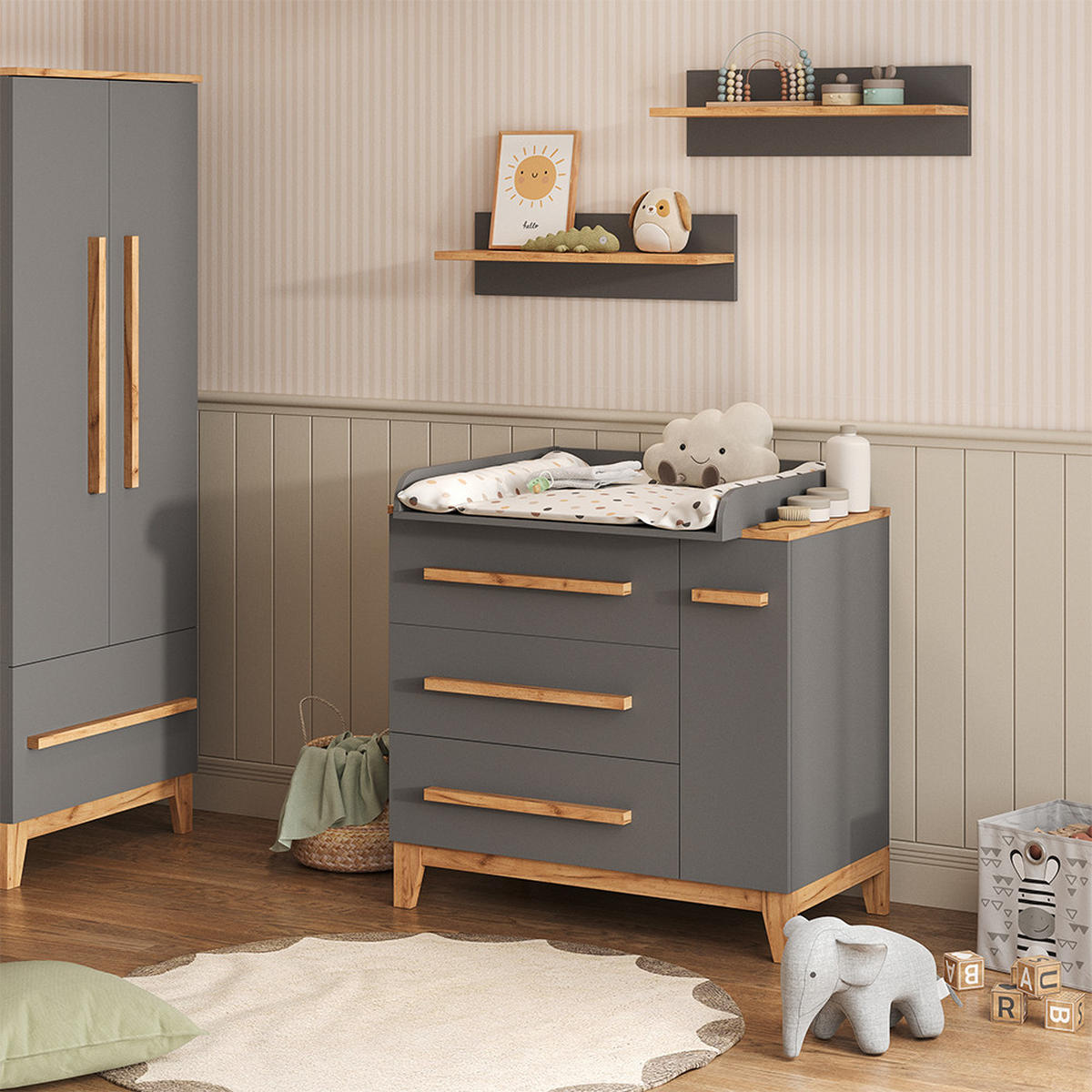WICKELKOMMODE Malia Grau 98 x 98 cm mit 1 Tür & 3 Schubladen - Hellgrau/Grau, Holzwerkstoff (98/98/52cm) - VitaliSpa