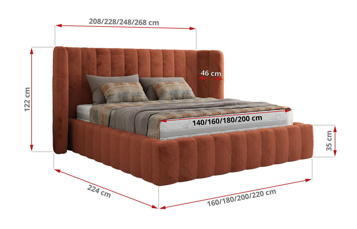 POLSTERBETT GOLETTA CLASSIC 200/200 - Orange Plüsch - Multipocket-Matratze - Orange, Textil (200/200cm) - MKS