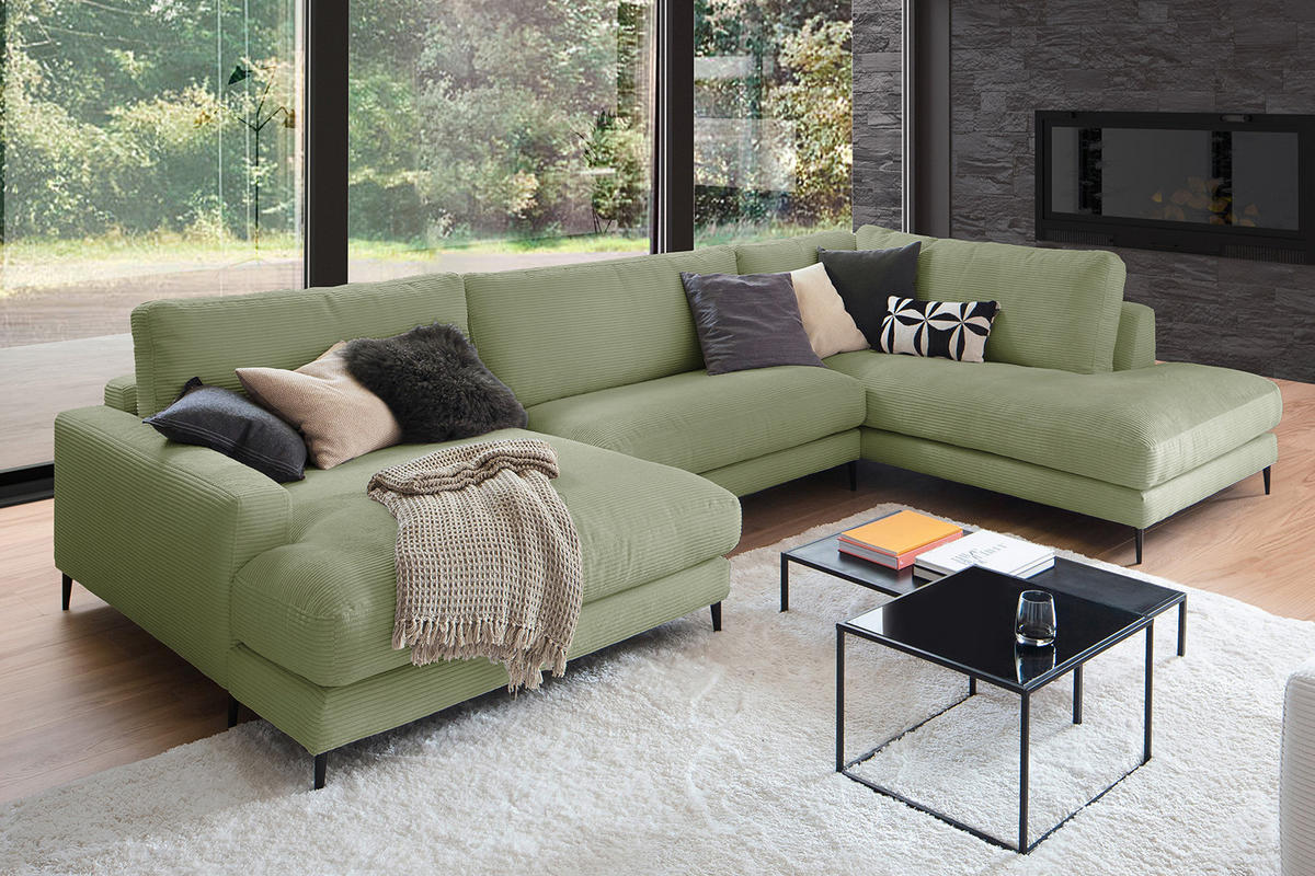 WOHNLANDSCHAFT CARA Grün Cord - Schwarz/Grün, Textil (341/84/223cm) - KAWOLA