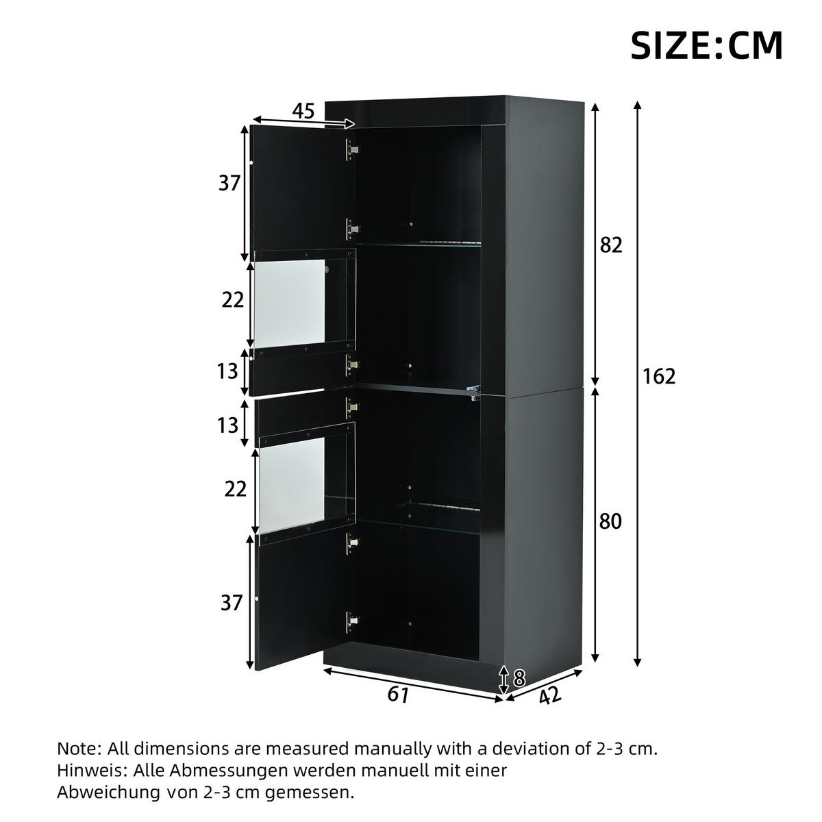 VITRINE DE-37762 mit LED-Beleuchtung und Glasböden Schwarz - Schwarz, Holzwerkstoff (61/162/42cm) - ComfortXL