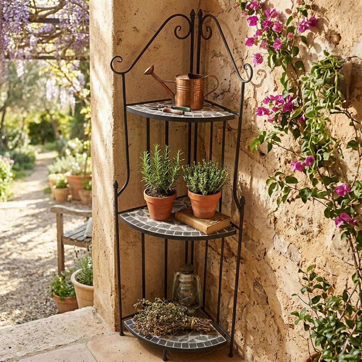 ECK-REGAL Gateshead - Rahmen aus Stahl, Regalebenen aus echter Keramik in Mosaik Optik, Farbe grau - Schwarz, Holz (50/141/34cm) - TPFGarden
