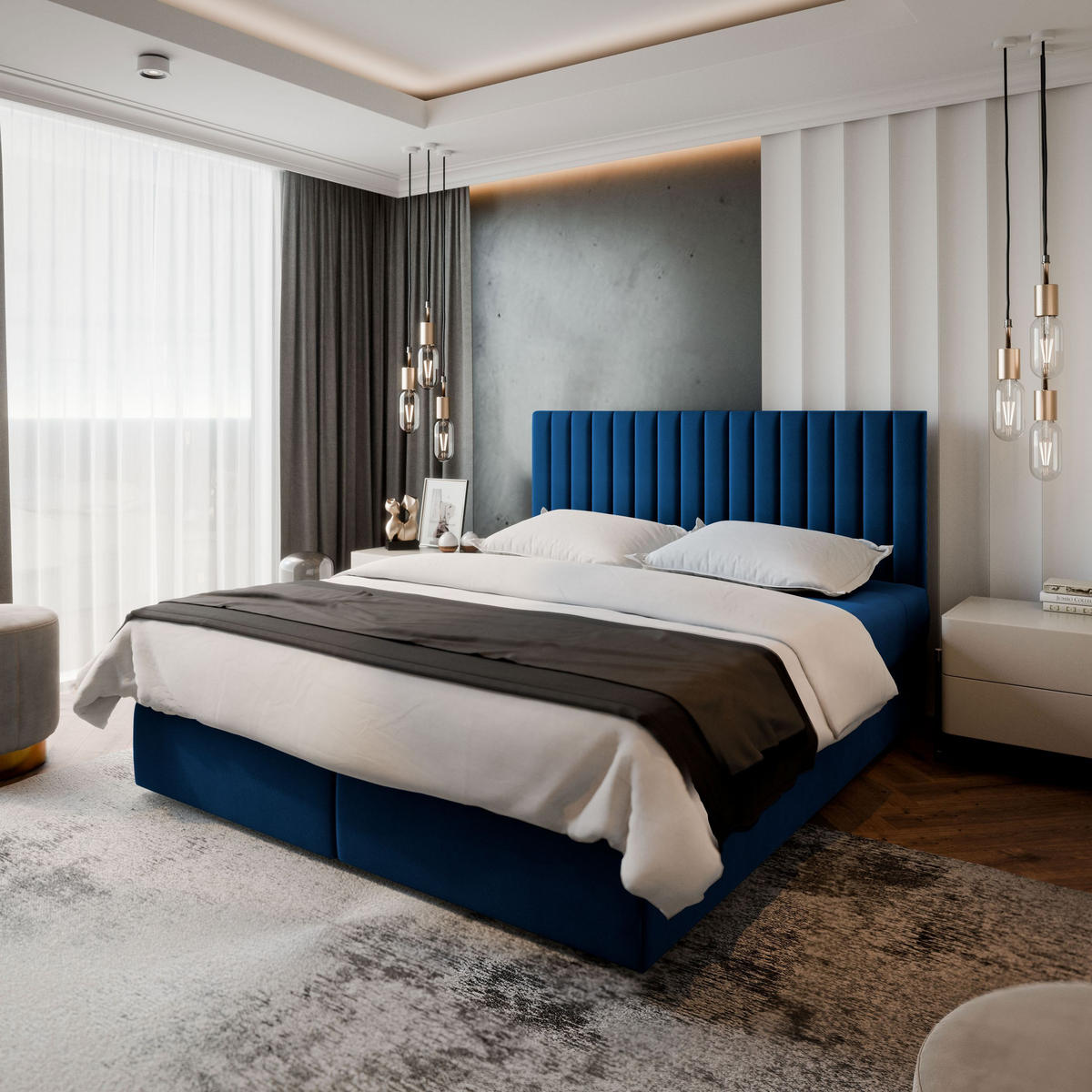 BOXBETT BRESEL 160x200 cm mit Matratze und Topper - Blau - Blau, Holz (160/200cm) - MASSENO