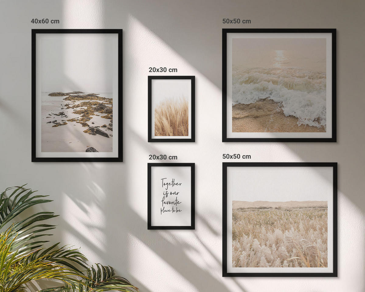 BILDER SET 5er Set - 50x50 cm & 20x30 cm & 40x60 cm Schwarzer Rahmen - Wiesen, Strand, Boho-Stil - Schwarz, Kunststoff (40/60cm) - TULUP