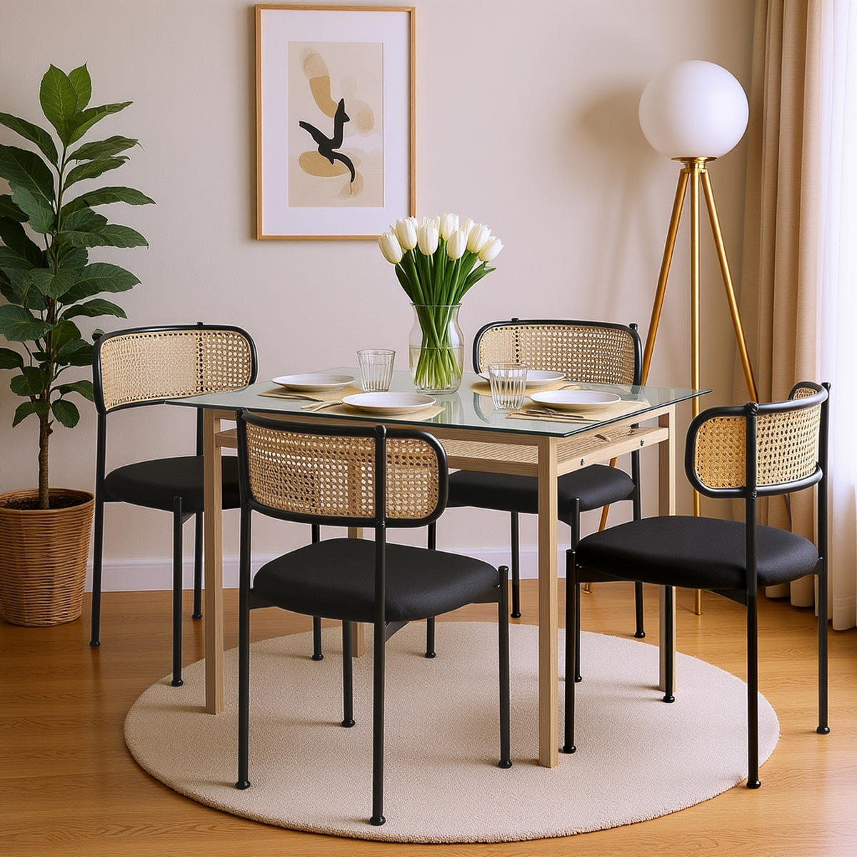 ESSTISCH SET mit Esstisch aus Glas und 4 Rattan stühle - Schwarz, Glas/Textil (110/74/65cm) - Urban Meuble