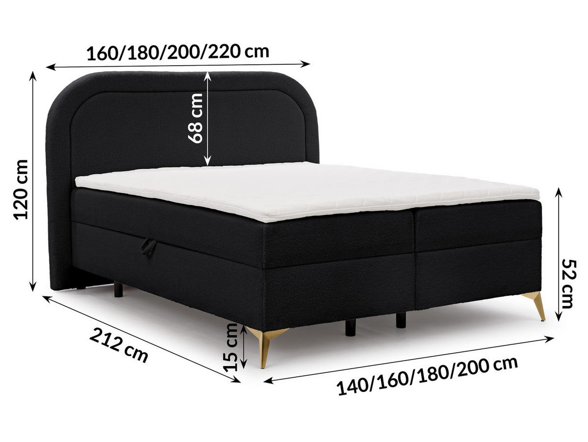 BOXBETT Sonna 140/200 cm Schwarz Bouclé-Stoff mit abgerundetem Kopfteil und mit goldenen Metallfüßen - Goldfarben/Schwarz, Holz/Textil (140/200cm) - S-Style Möbel