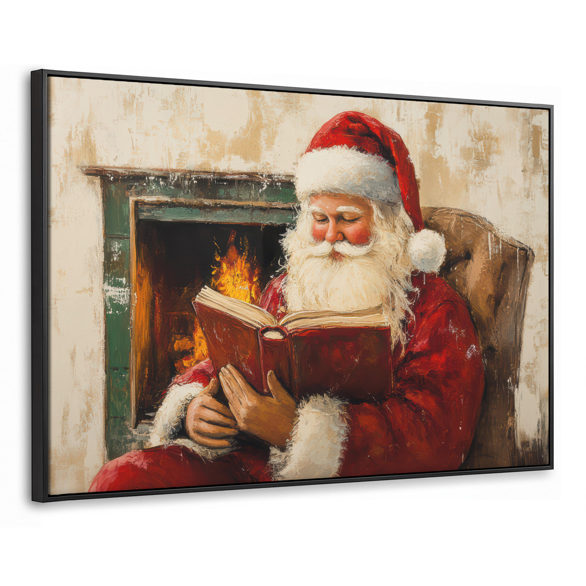 LEINWAND Bilder mit Rahmen - Weihnachten - Weihnachtsmann - Winter - Open Fireside - 140x90 - Dunkelrot, Textil (140/90cm) - MuchoWow