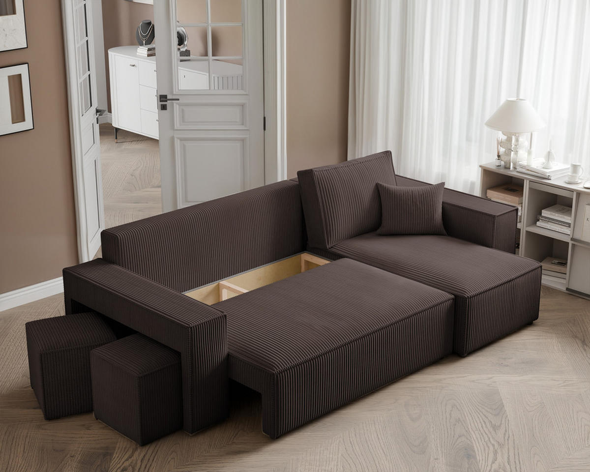 ECKSOFA PARIS mit Schlaffunktion und Bettkasten Braun - Braun, Holzwerkstoff/Kunststoff (262/145cm) - Idohome
