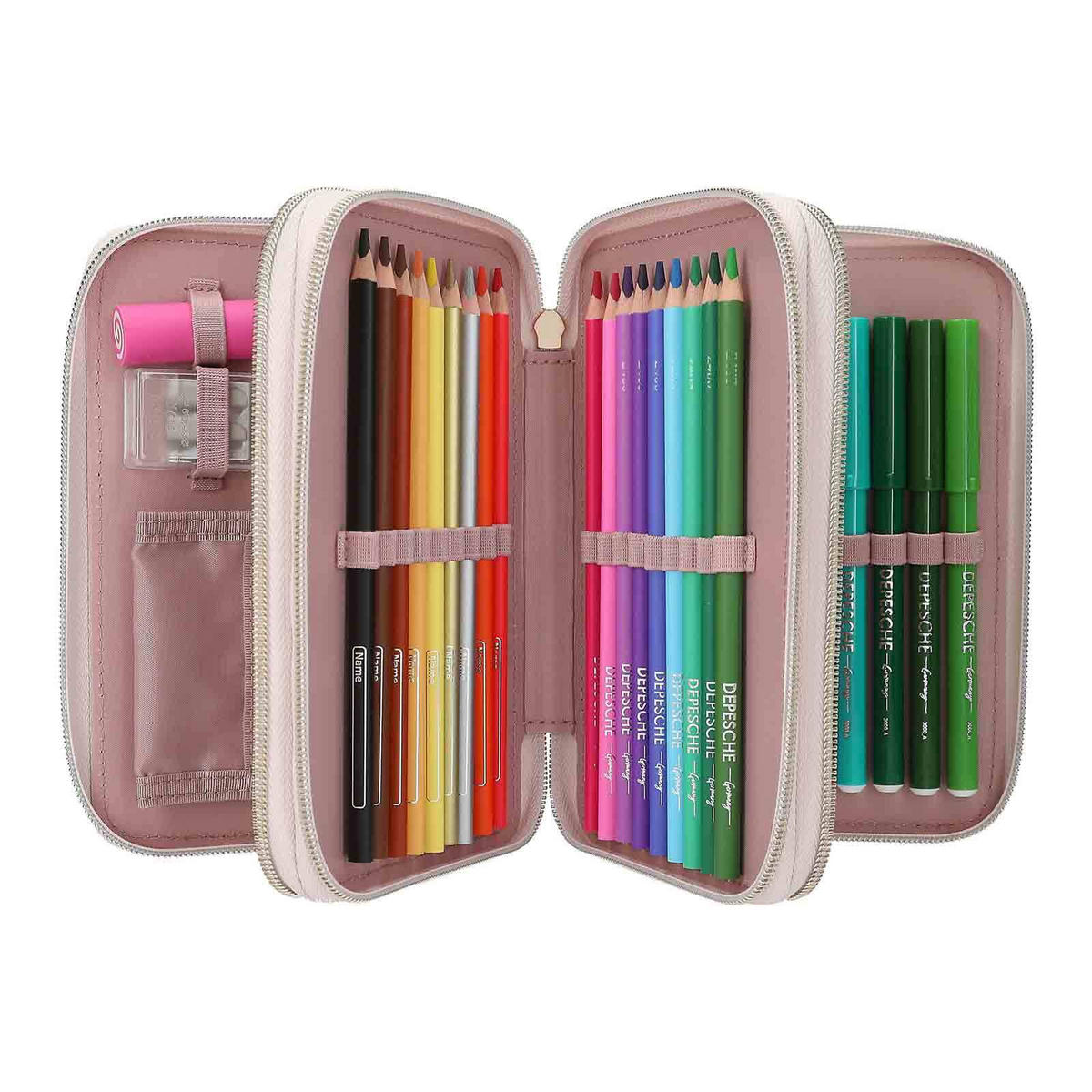 3-FACH FEDERTASCHE MIT STICKEREI SUMMER FEELING INKL. STIFTE TOPModel grün 7,5 x 13 x 20 cm - Grün, Kunststoff (13/20/7.5cm) - Depesche Germany